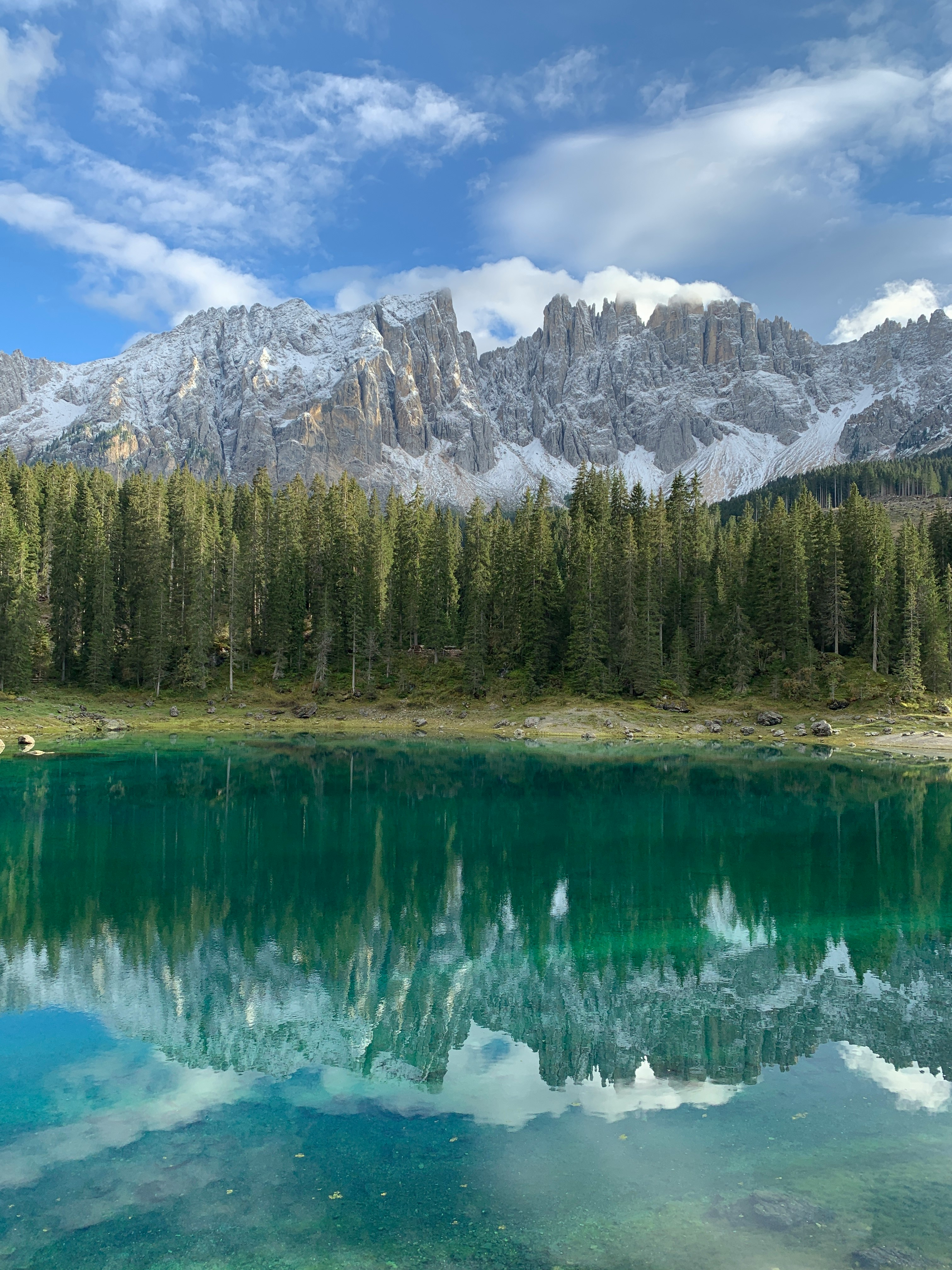 green pine trees near lake and snow covered mountain during daytime